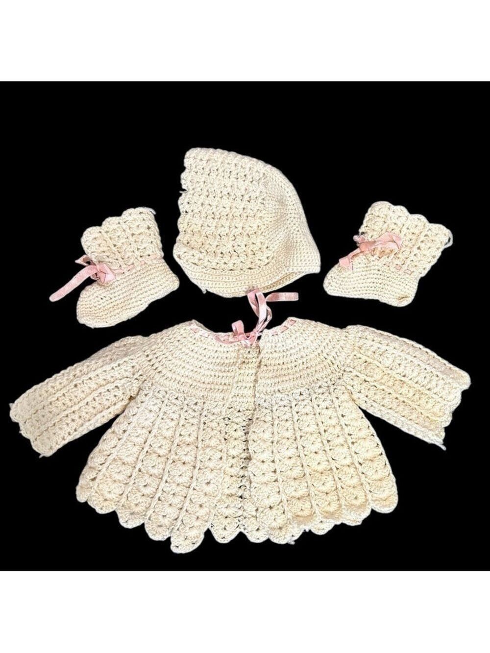 Vintage Hand Crocheted Sweater Set Jacket Bonnet Hat Booties Ivory Color 1950’s